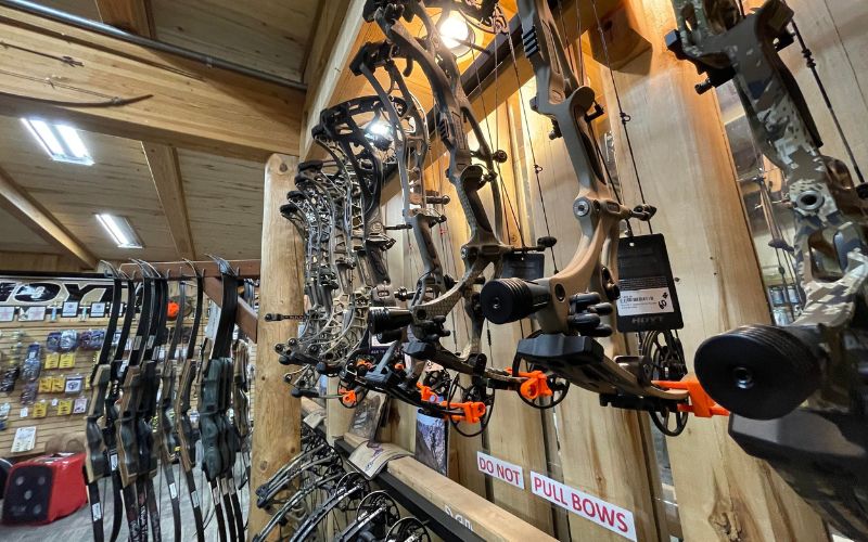 Compound bows on display at Ski & Bow Rack bow shop in Pagosa Springs