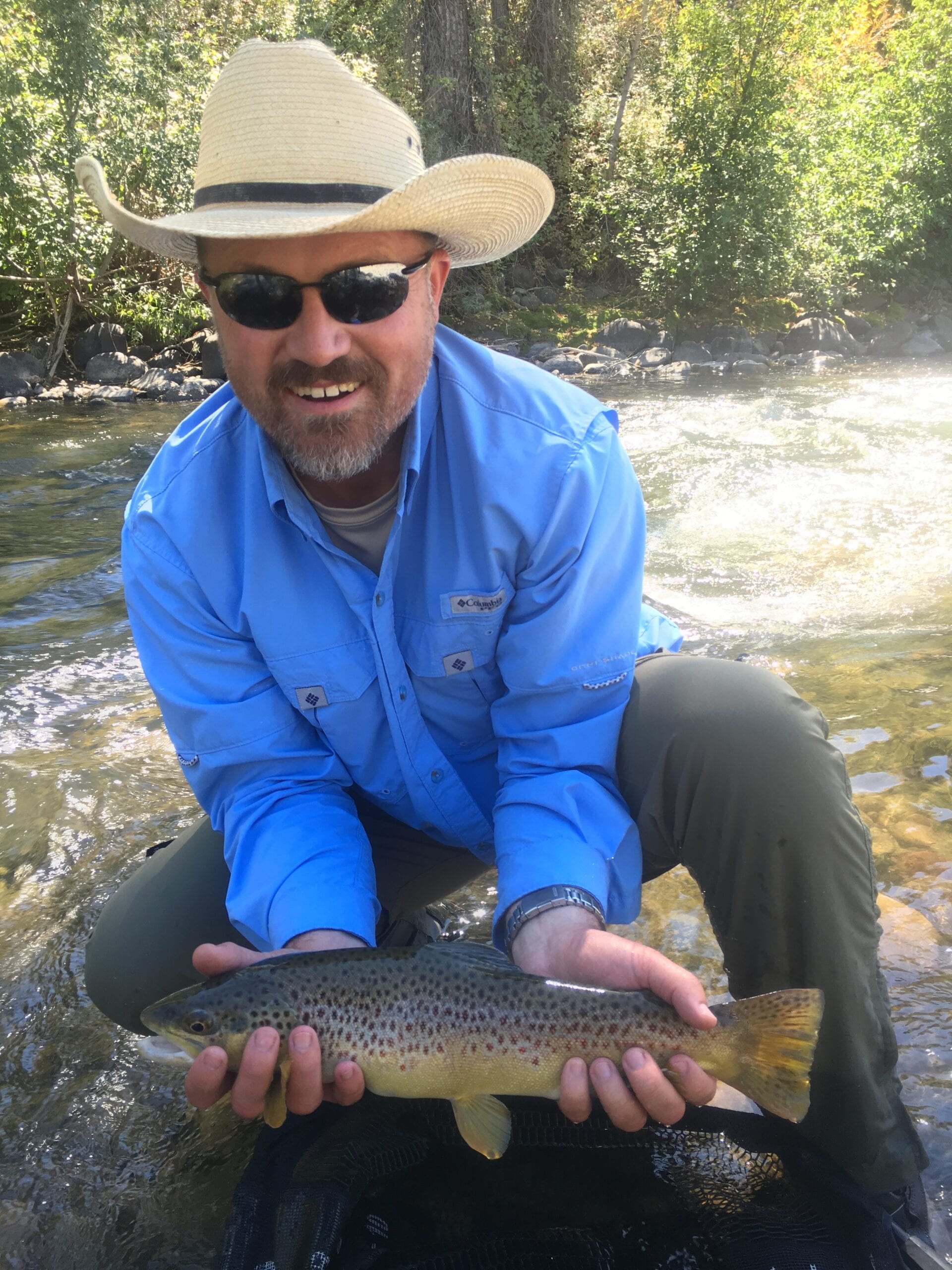 Angler holding a large brown trout on a guided fly fishing trip near Pagosa Springs Colorado